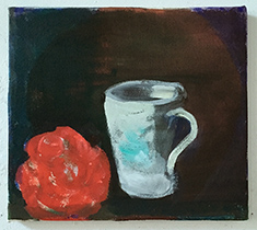 Rose und Tasse, 2018, Acryl auf Leinwand, 25 x 30 cm